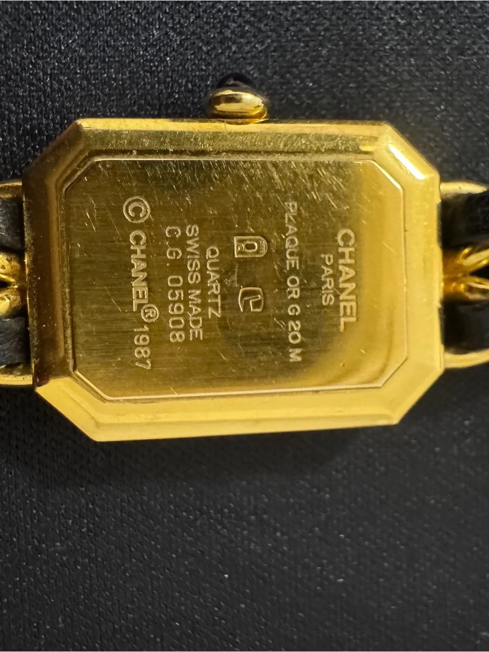 CHANEL Gold and Black Chain-Link Leather-Woven Watch